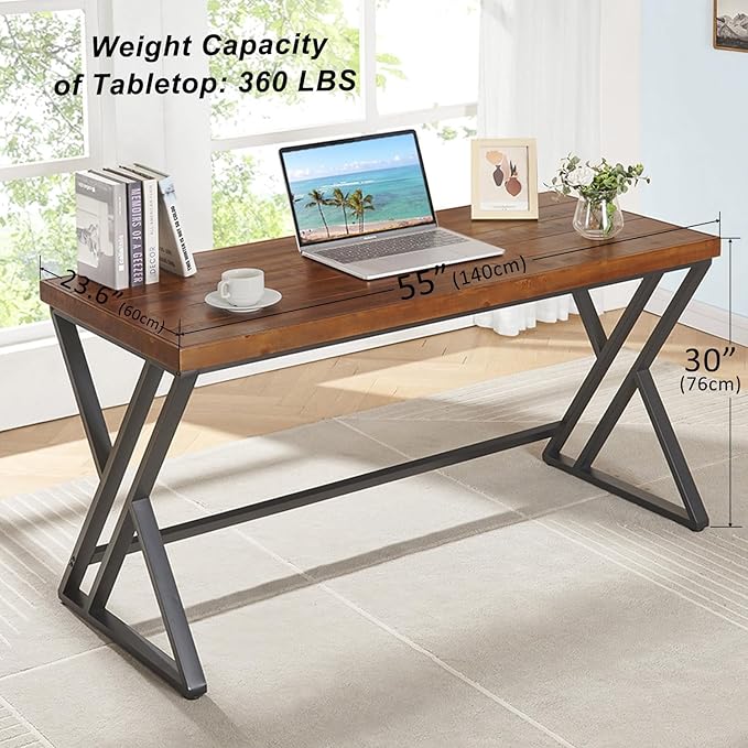 Solid Wood Computer Desk Modern Real Wood Home Office Desk Long Rustic Farmhouse Natural Wood Writing Desk Executive Workstation PC Desk Table for Living Room Bedroom Brown 55 inch