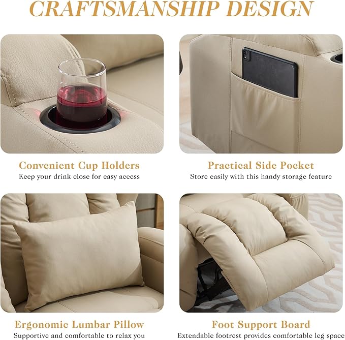 Loveseat Recliner Sofa with Flip Middle Seat3 Seater Reclining Couch Wall Hugger Recliners for Small SpacesFabric Manual 3 Seater Sofa Recliner with Cup Holders/Lumbar PillowsRV FurnitureBeige