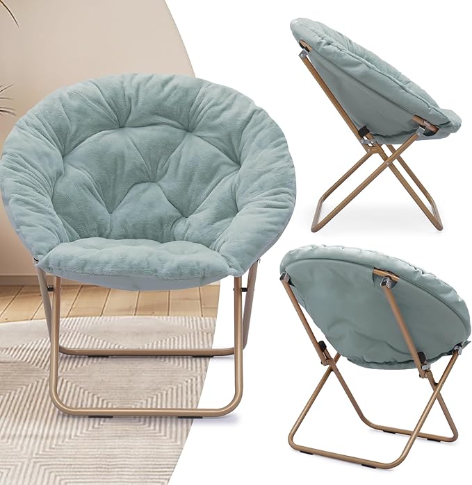 Magshion Folding Saucer Chair for Adults with Ottoman Circle Reading Chair for Bedroom Living Room &amp Dorm Furry Comfy Accent Seat with Metal Leg &amp Thick Padded for Small Spaces (Teal 2 Pac