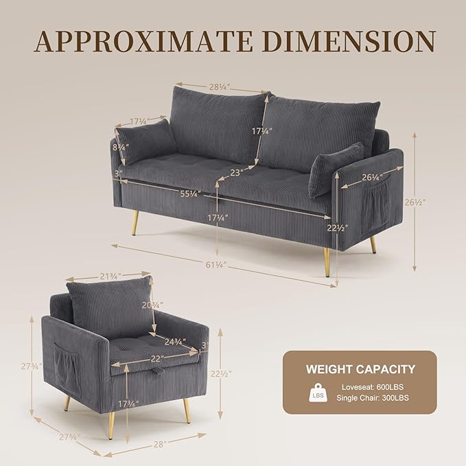 Furnimart 3-Piece Storage Sofa and Couch Set Corduroy Loveseat with 2pc Accent Single Chairs Small Living Room Furniture Set for Apartment Tiny Homes and Lofts 3PC-Gray
