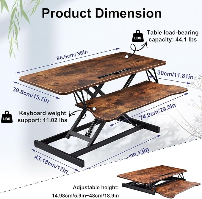 38-Inch Height Adjustable Standing Desk Converter Duals Monitor &amp Laptop Riser with Wide Keyboard Tray Sit to Stand Ergonomic Workstation for Home Office School Business Tiger Brown