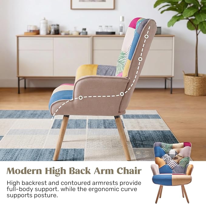 Joysoul Living Room Accent Chair Modern High Back Arm Chair Colorful Plaid Bohemian Style Chairs for Bedroom Waiting Room