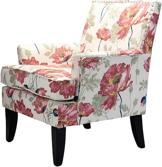 HULALA HOME Modern Accent Chair with Arms and Wooden Legs Mid Century Accent Chair Armchair High Back Rest Padded Armrest and Comfortable Cushioned Seat for Living Room (Red Yellow Floral)