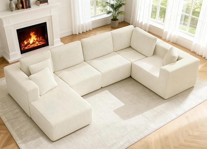 KINGYES 135'' Modular Sectional U Shaped Sofa Upholstered Corduroy Boneless Couch Cloud Couch for Living Room Beige