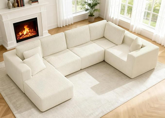KINGYES 135'' Modular Sectional U Shaped Sofa Upholstered Corduroy Boneless Couch Cloud Couch for Living Room Beige