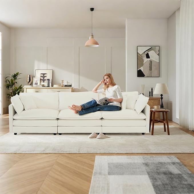 Modular Sectional Sofa with 3 Seat 111.5 Convertible Chenille Couch with 2 Armrest Pillows and 3 Throw Pillow for Living RoomOffice and ApartmentBeige