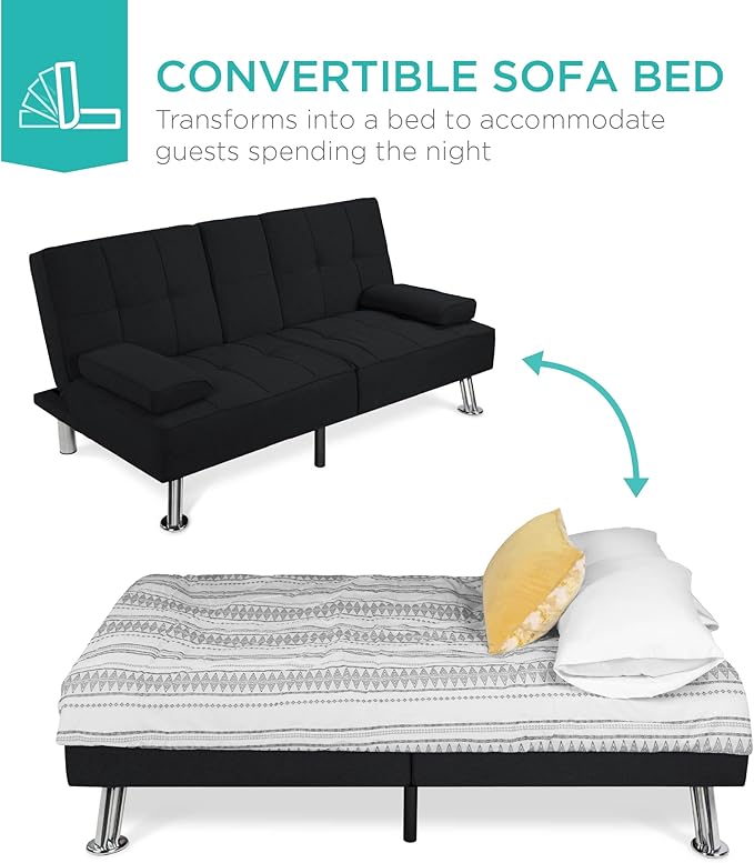 Best Choice Products Linen Modern Folding Futon Reclining Sofa Bed for Apartment Dorm w/Removable Armrests 2 Cupholders - Black