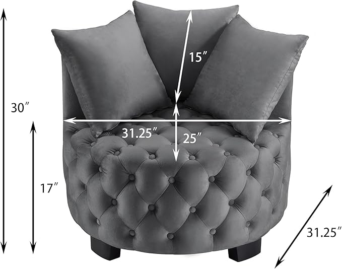 Velvet Accent Lounge Chair - 31.25''W Upholstered Button Tufted Velvet Barrel Chair with 3 Pillows with Button Tufted Modern Round Club Chair Reading Sofa Chair (Grey)