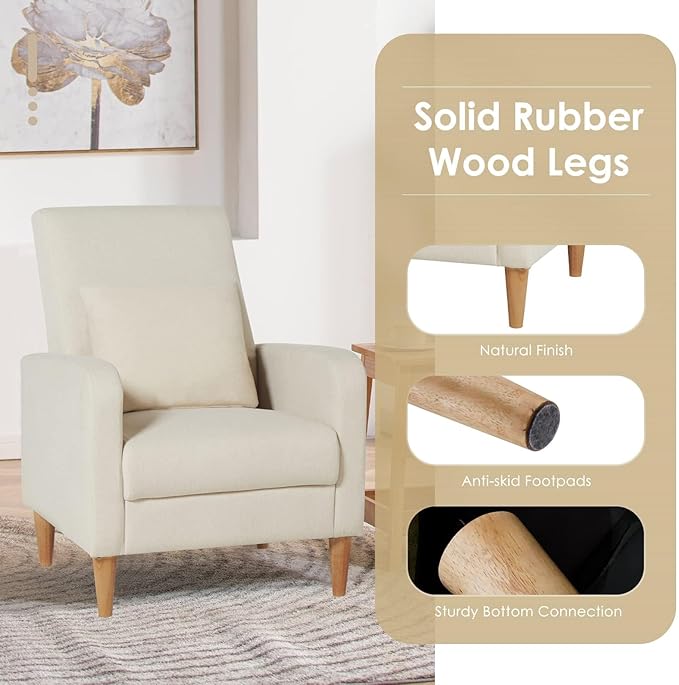 COLAMY Mid-Century Modern Upholstered Accent Chair with Back Pillow &amp Solid Wood Legs Fabric Cozy Armchair for Living Room Bedroom Reading Nook Apartment &amp Small Spaces Beige