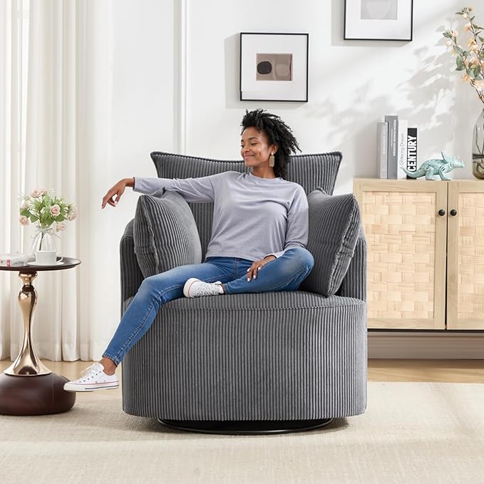 Swivel accent chairSwivel barrel chairReclining armchairs for bedrooms Swivel chairUpholstered Living Room Chair Corduroy Reading Chair Single Sofa Chair for Bedroom Apartment Office(Modern Grey)