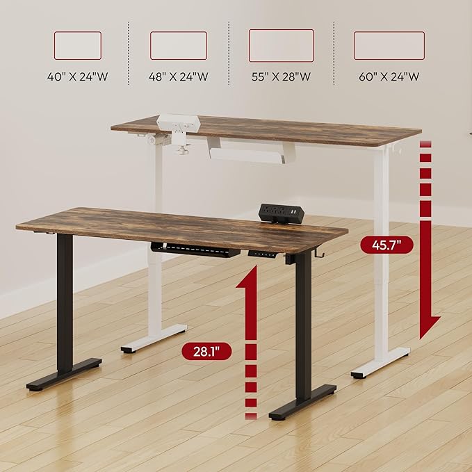 SANODESK Electric Standing Desk with Desk Clamp Power Strip 48x 24 Whole-Piece Desktop Height Adjustable Stand Up with Cable Management Sit Stand Home Office White Frame/Rustic Brown Top