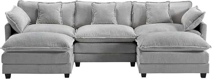 111.4” Modular Sectional Sofa U Shape Cloud Couch with 2 Movable Ottoman Comfy Chenille Deep Seat Sofa with Soft Pillows for Living Room Apartment （Grey）