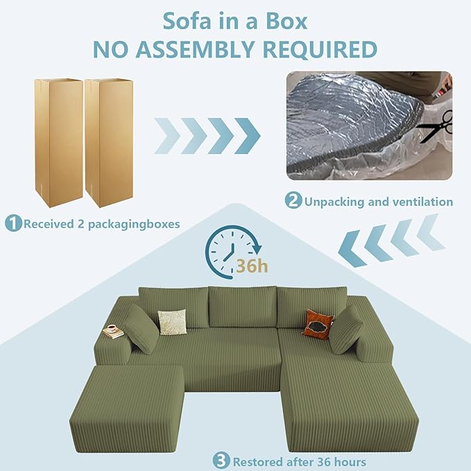 96 U Shaped Cloud Sectional Couch with Fluffy Corduroy Deep Memory Foam Seats Sofa with 1 Ottoman for Living Room No Assembly Required(GreenRight-Facing Chaise)