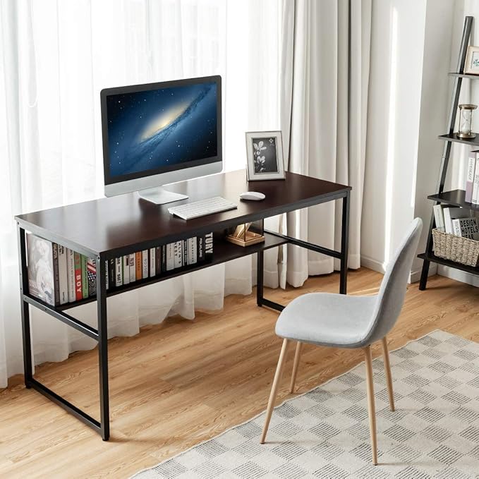 Tangkula 55 Inches Computer Desk with Bookshelf Study Writing Table w/Storage Shelf &amp Sturdy Metal Frame Home Office Desk with Adjustable Foot Pads &amp Spacious Desktop Computer Workstation