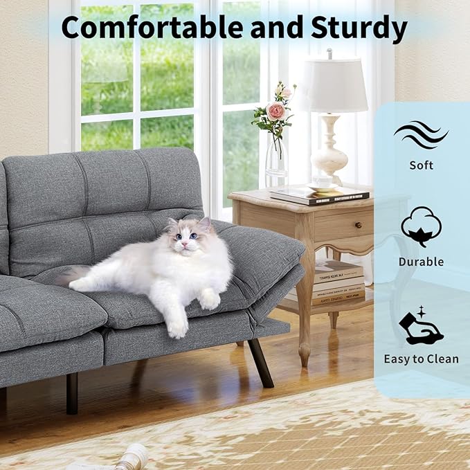 MUUEGM 71” Convertible Futon Sofa Bed Upholstered Small Futon Couches with Adjustable Backrest Loveseat Sleeper Bed for Compact Living Room Studio Office (Light Grey)