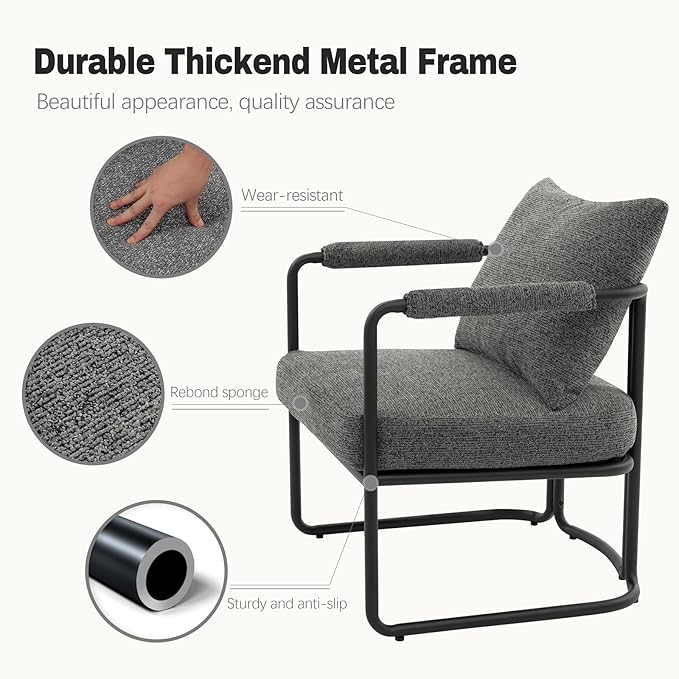 Single Accent Chair for Living Room Mid Century Modern Upholstered Reading Armchair for Bedroom Office with Comfy Chenille Cushion &amp Metal Frame Dark Grey