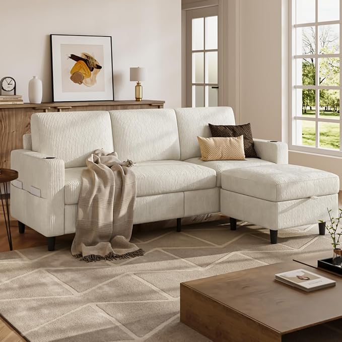 Convertible Sectional Couches for Living Room 3 Seats L Shaped Sofa with Storage Ottoman and 2 Cup Holders Modern Corduroy Couch Small Sofas for Small Space Apartment Office Beige