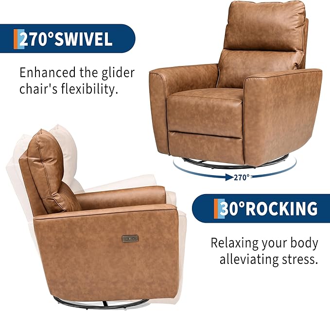 GAOMON Power Recliner Chair Swivel Glider Faux Leather Upholstered Nursery Rocker Reclining Sofa Chair with Charging Port Curved Armrests &amp Padded Backrest for Living Room and Bedroom (Brown)