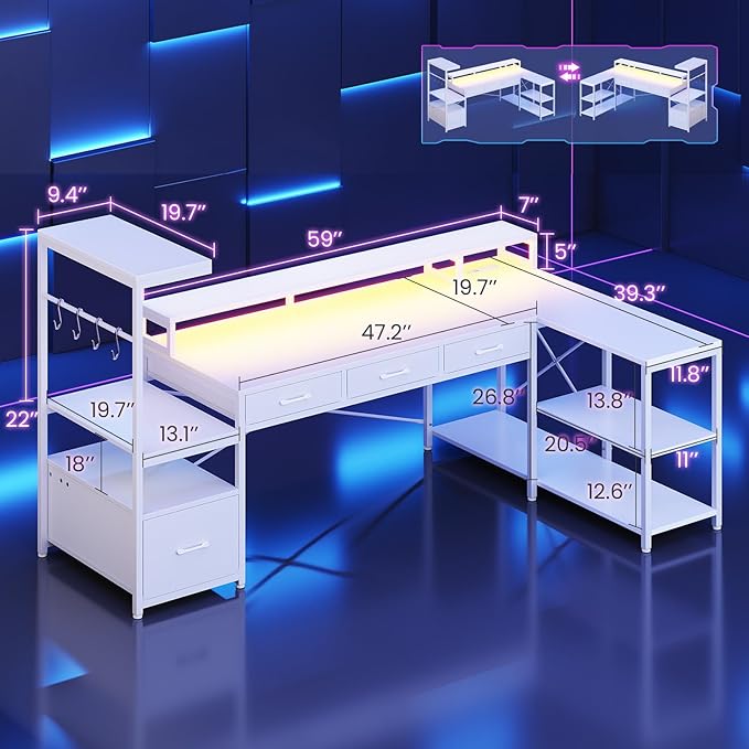 SEDETA L Shaped Gaming Desk with PC Display Stand 59Inch Reversible Computer Desk with Storage Shelves 4 Drawer &amp LED Lights Modern Gamer Desk Table with Power Outlet Monitor Stand White