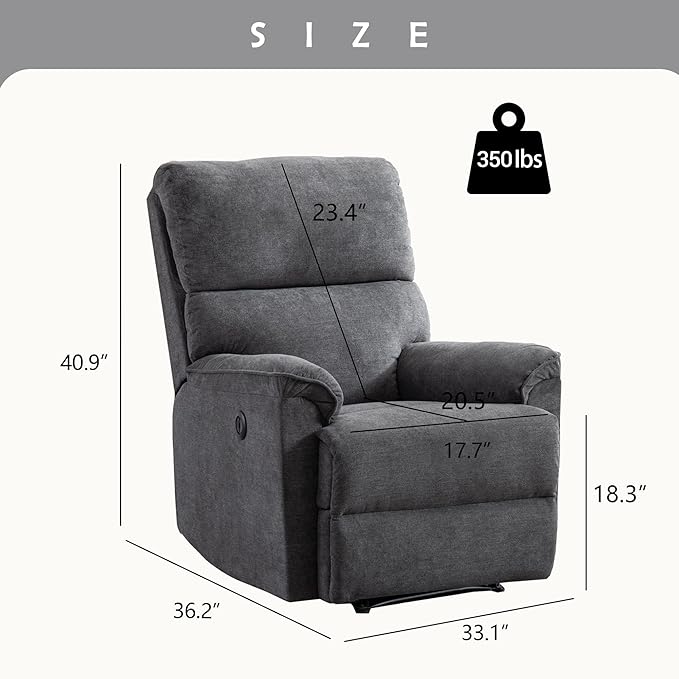 EBELLO Power Recliner Chair Electric Recliner Breathable Fabric Single Overstuffed Recliner Sofa Chair with USB Charge Port for Elderly Living Room Bedroom Gray Power Gray