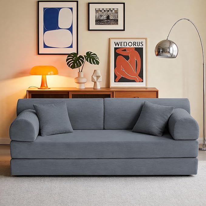 KEIKI 78 2Seat Sleeper Corduroy Sofa Couch for Executive Suite Apartment Living Family Friendly Homeowners Soft Plush Comfortable Cozy Relaxing Lounge Modern Contemporary Design Dark Gray