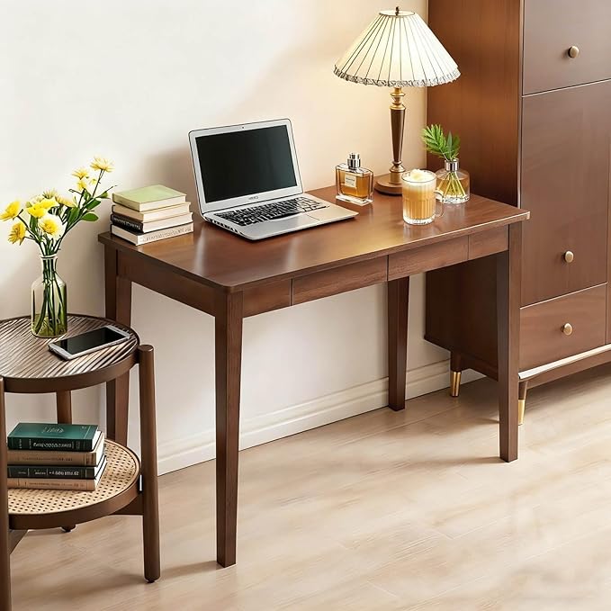 Solid Wood Desk40 Oak Wooden Desk with DrawersMid Century Modern Small Computer Desk with Drawers for Small Spaces Home Office Solid Wood Writing Desk (Walnut Color-2 40)