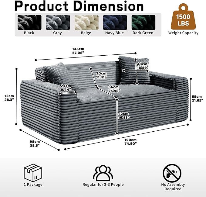 3 Seater Sofa Couch for Living Room (Gray 38 D + 2 Pillows)