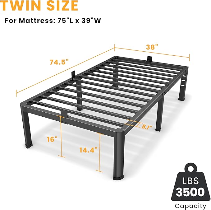 16 Inch Twin Size Metal Platform Bed Frame with Round Corners Storage Space Under High Bed Frame-Heavy Duty Steel Slats Support Noise Free - Easy Assembly - No Box Spring Needed