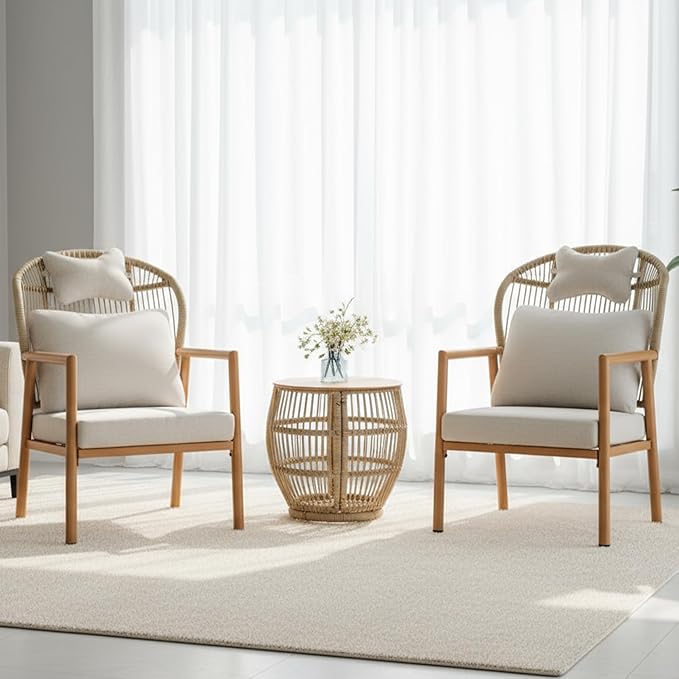 Modern Living Room Chairs Accent Chairs Set of 2 with Coffee Table Comfy Arm Chair with Cushions Rattan Reading Lounge Chair with Metal Frame Armchair for Bedrooom/Indoor/Outdoor Beige
