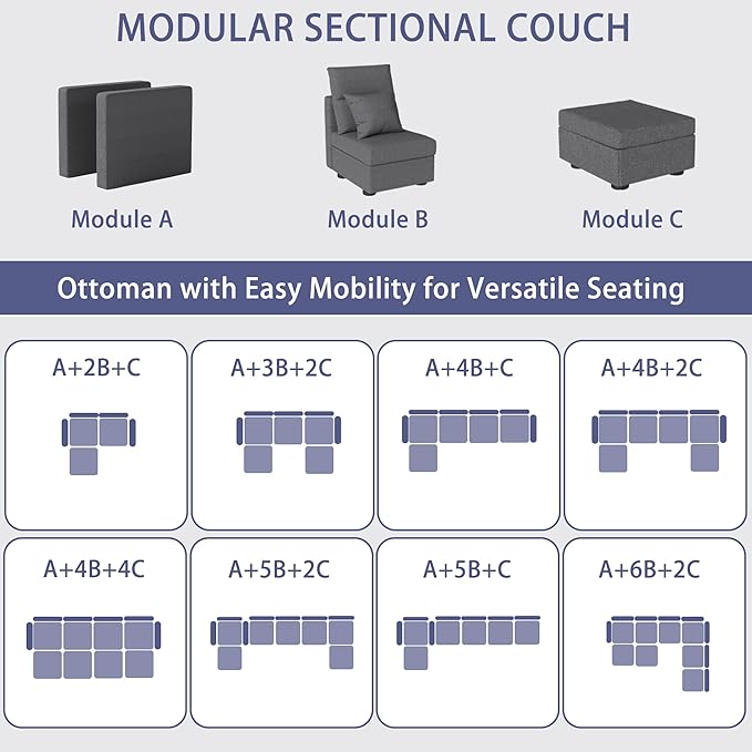 L Shaped Sectional Couch: Grey Modular Sectional Sofa with Ottoman Modern Linen Seater Couch Comfy Cloud Couches for Living Room and Apartment (82-3 Seat &amp Ottoman)