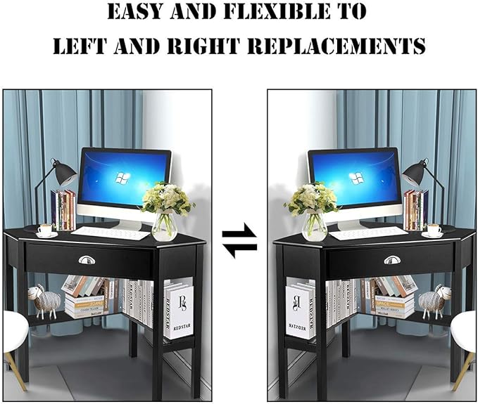 Tangkula Corner Desk Corner Computer Desk with Drawer for Small Space Small Corner Makeup Vanity Desk 90 Degrees Triangle Corner Desk with Storage Shelves