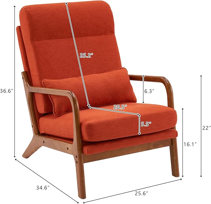 Accent Chair with Cushion Mid-Century Modern Upholstered Single Reading Armchair High Back Sofa with Linen Fabric + Solid Wood Frame for Living Room Bedroom Lounge Balcony (Orange)