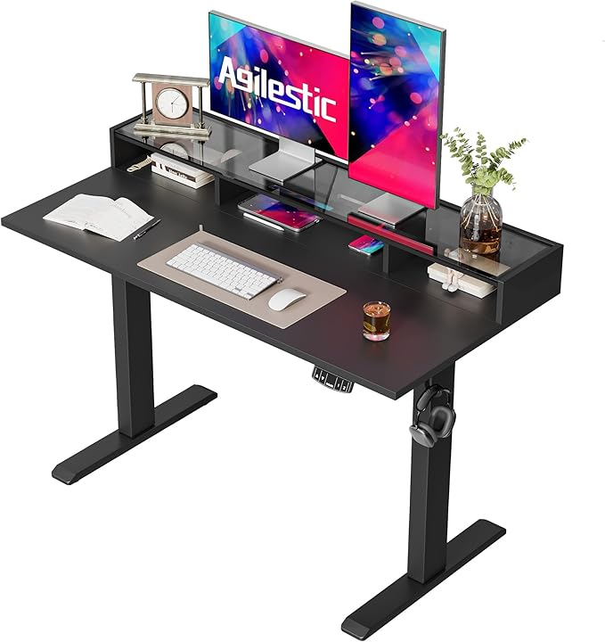 Agilestic Glass Standing Desk with Storage 48 Inch Electric Adjustable Desk with Glass Shelf Sit Stand Up Home Office Computer Table Splice Board Black