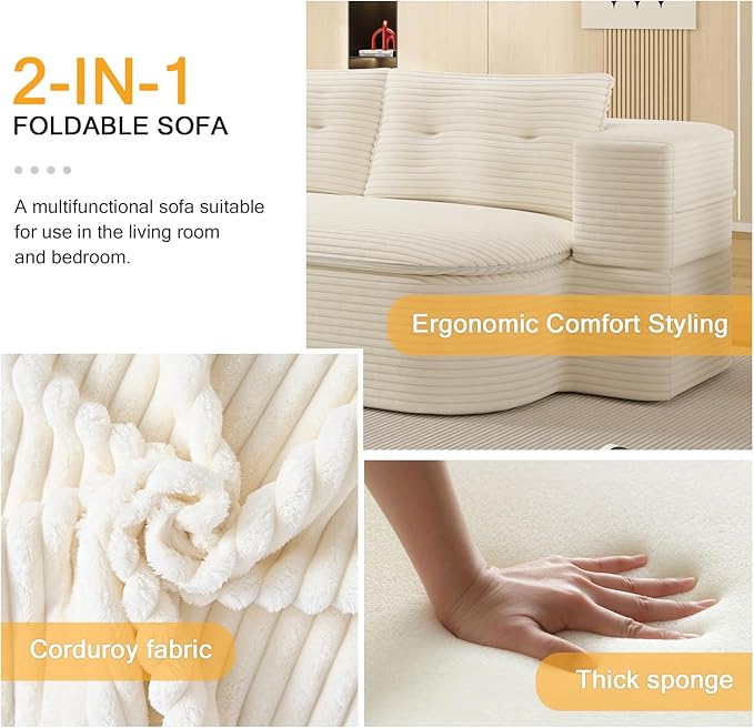 78.7 Convertible Foldable Floor CouchComfy Portable Fold Out Lounge with Functional Blanket and 2 Soft PillowsCorduroy Loveseat CouchSleep Sofa Bed for Living RoomBedroom(Beige)