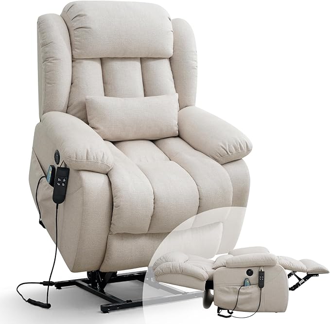 Infinite Position Lay Flat Lift Recliner Chair for Adults Dual Motor Power Lift Chair for Elderly with Massage &amp Heating USB Ports Remote Control &amp Lumbar Pillow Linen Fabric (Ivory)