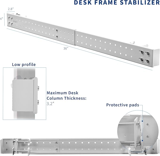 VIVO White Universal Steel Clamp-on Desk Stabilizer Bar for Sturdy Reinforced Workstation 36 to 61.6 inch Bracket Support System for Sit to Stand Desk Frames Expandable Width Adjustment DESK-STB01W