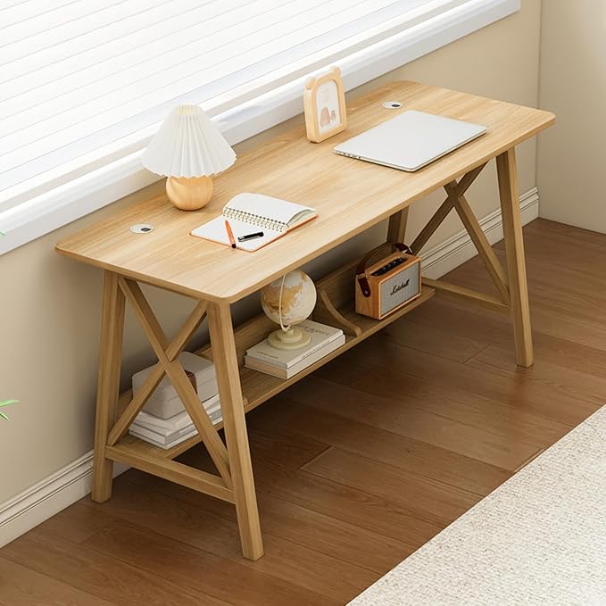 Extra Long Desk with Bookshelf - Wooden Home Office Work Study Table Writing Computer Workstation with Storage Shelf in Oak 47 Wx16 Dx30 H