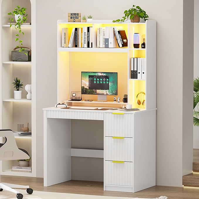 Home Office Desk with Hutch &amp LED Lights - 39 Computer Desk with Charging Station 3 Large Drawers Hidden Compartment &amp Fluted Panel DesignWhite Writing Desk for Bedroom Study