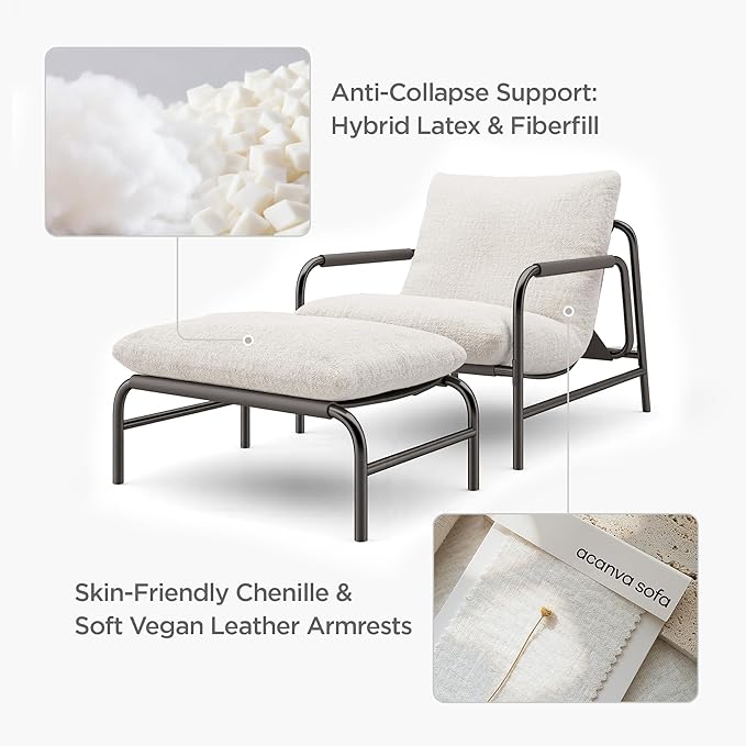 Acanva Accent Chair with Ottoman Modern Reading Chair for Adults Shredded Latex Filling Lazy Lounge Armchair for Living Room Bedroom Small Spaces White