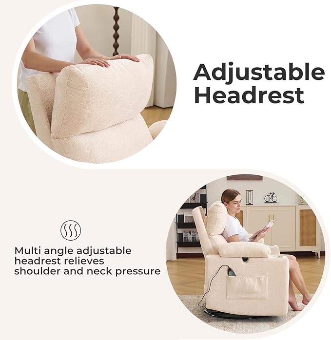 Rocking Chair Nursery with Adjustable Armrests Electric Glider Recliner Nursing Chair for Breastfeeding Power Swivel Recliner Chairs with Massage and Heat Adjustable Headrest  FSC Certified Beige