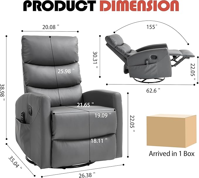 Luxlen Manual Swivel Rocker Recliner Chair with Massage Overstuffed Recliner Glider with Vibration Massage and Heat for Nursery Living Room Reclining Sofa Chair PU Leather Gray