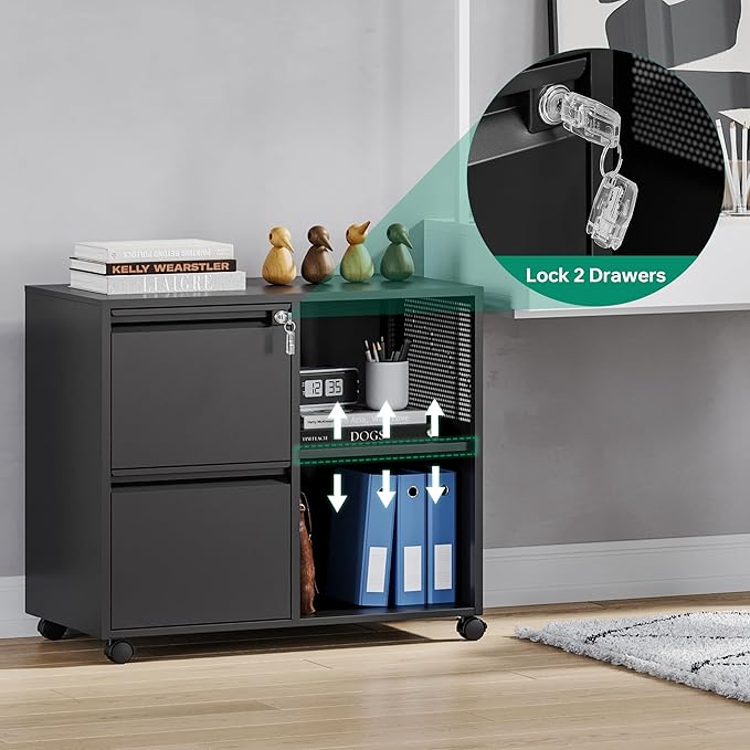 Letaya Mobile File Cabinet Metal Lateral Rolling Printer Stand Filing Cabinets with Shelves for Home Office-Storage A4/F4 (Black)