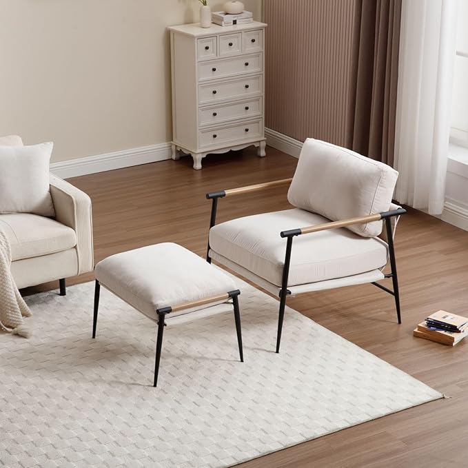 LukeAlon Mid-Century Chenille Accent Chair with Ottoman Soft Living Room Chair with Metal Legs Modern Upholstered Armchair Reading Nook Chair Lounge Leisure Chair with Footstool for Bedroom Beige