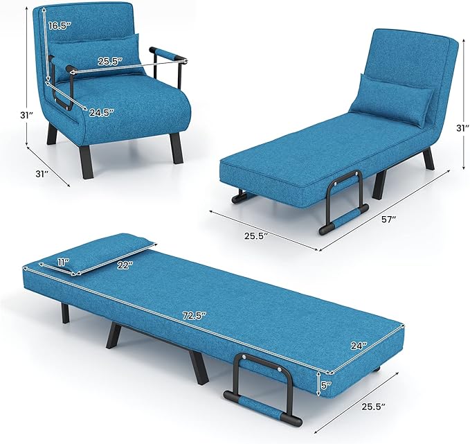 S AFSTAR 4 in 1 Convertible Sofa Bed Sleeper Chair Folding Sofa Arm Chair with Pillow and 6 Position Adjustable Backrest Full Padded Lounger Couch Bed for Home/Office (Blue)
