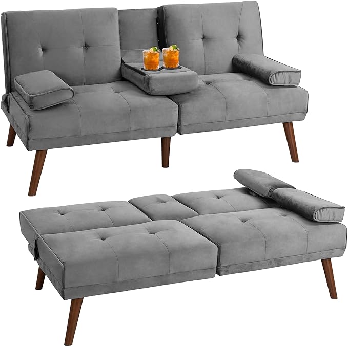 JAMFLY Futon Couch Sofa Bed Convertible Small Sleeper Sofa Chair Loveseat with Cup Holder for Small Spaces Living Room Bedroom Gameroom Apartment Dorm (Light Gray)