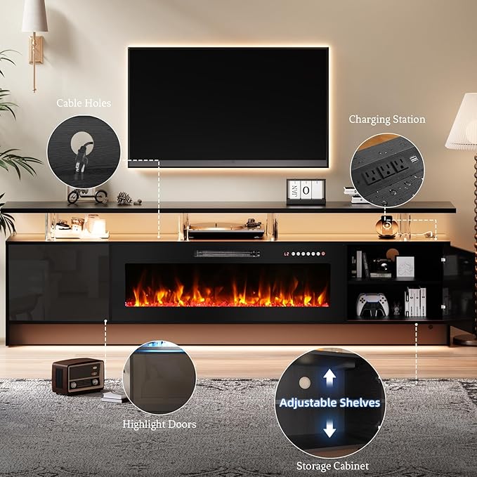 80'' TV Stand with 42'' Fireplace - LED Light Entertainment Center for 90 inch TVs - Black Cabinet with Storage Modern Console for Living Room