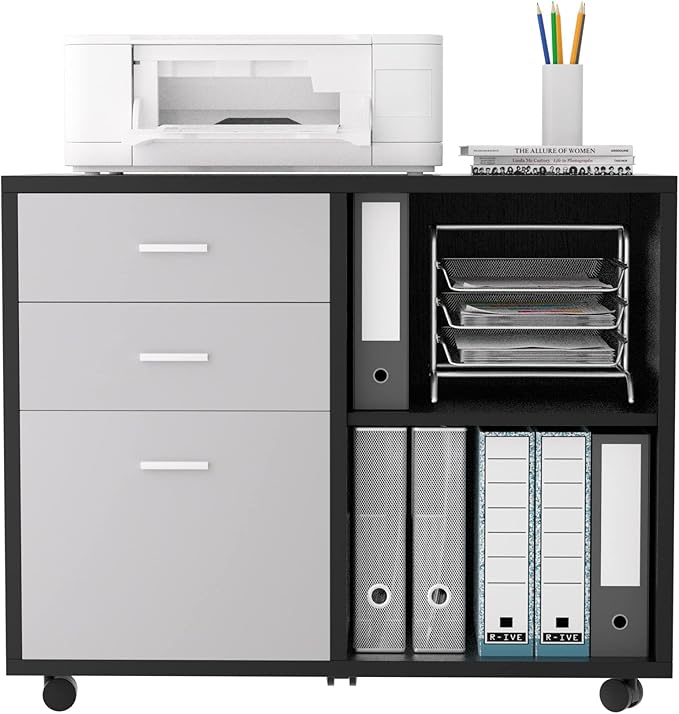Generic 32'' Wide 3 Drawer Mobile Lateral Filing CabinetBlack Oak and Grey File Cabinet with Printer Stand for Home Office
