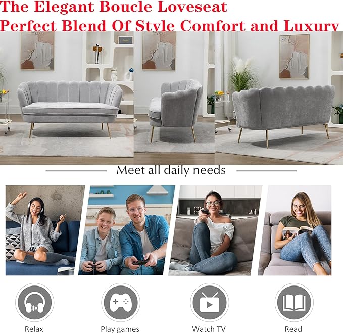 Modern Chenille Loveseat CouchFuton Small Sofa with Gold Metal Legs 2-Seater Upholstered Mini Sofa Couches for Small SpaceLiving Room Bedroom Office Dorm Studio Apartment Love Seat Couche(Grey)