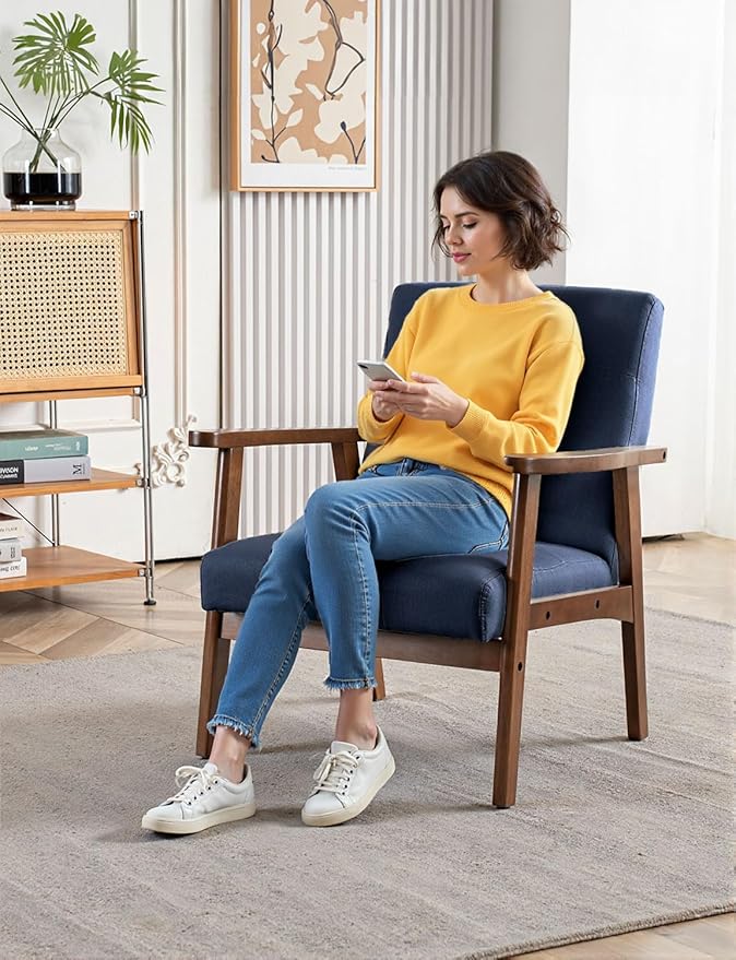 Mid Century Modern Accent Chairs for Living Room Comfy Bedroom Chairs for AdultsSmall Wide Reading Nook Arm Chair 105° Ergonomic Cozy Blue Linen Armchair with Rubber Wood