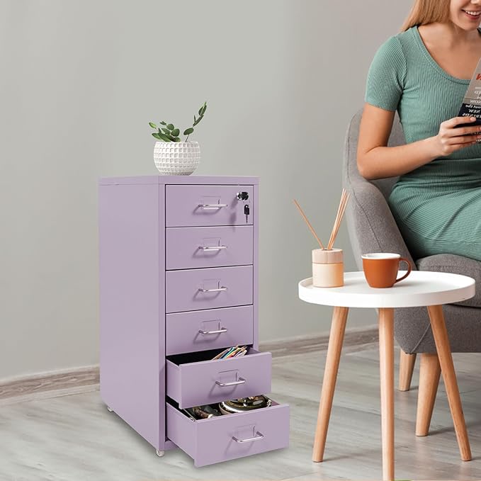6 Drawer File Cabinet Metal Mobile Office Filing Organizer Vertical Lockable Office Filing Cabinet Heavy-duty Steel File Storage Cabinet with Keys and Wheels for Study Office Living Room (Purple)